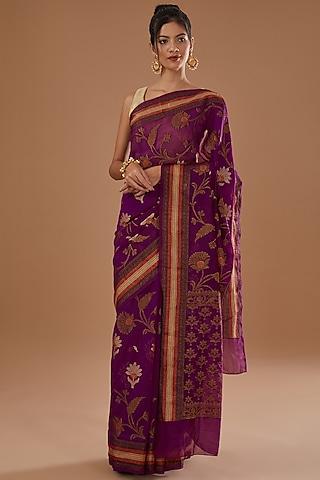 magenta chiffon banarasi handloom zari embroidered striped saree set