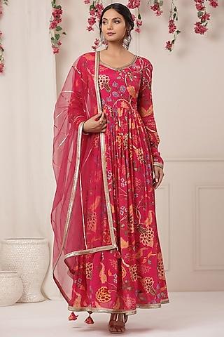magenta chinon floral printed gown with dupatta