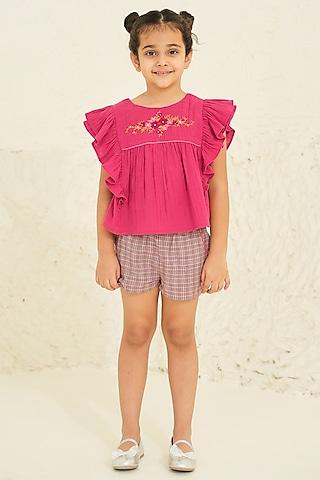 magenta cotton embroidered co-ord set for girls