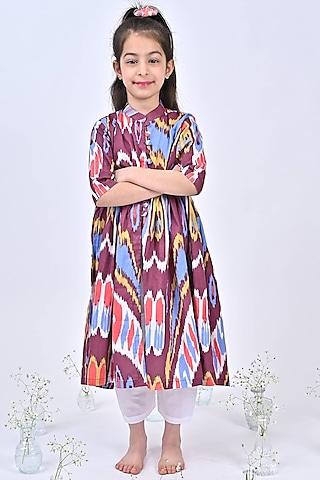 magenta cotton ikat printed kurta set for girls