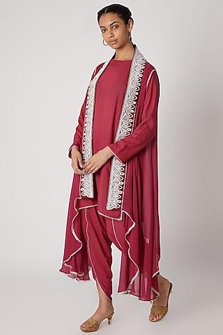 magenta embroidered modal shirt with dhoti & cape