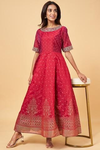 magenta-embroidered-round-neck-ethnic-full-length-elbow-sleeves-women-regular-fit-dress