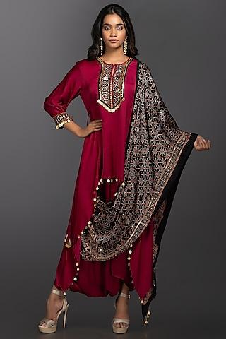 magenta hand embroidered asymmetrical tunic set