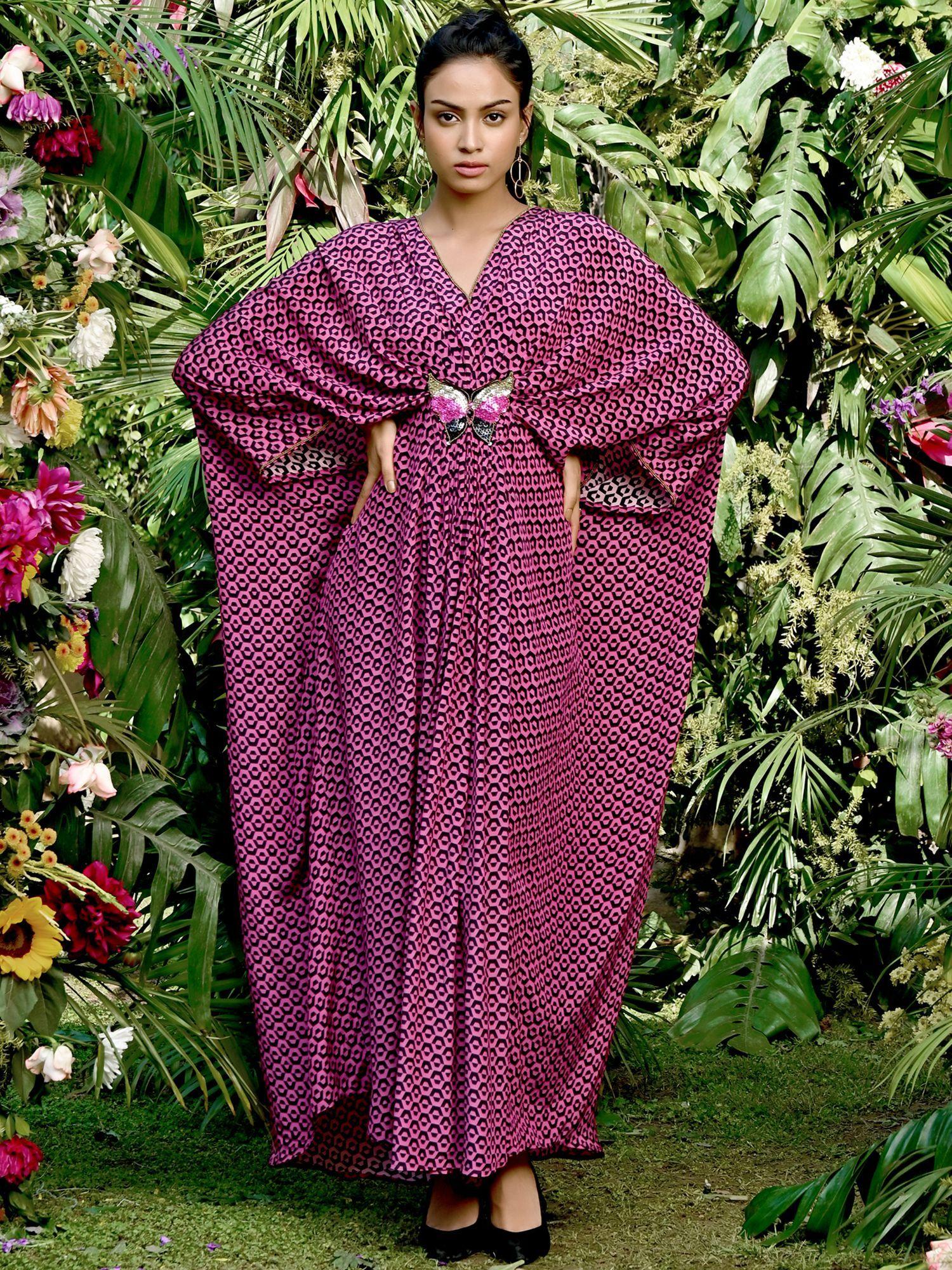magenta honeycomb print silk kaftan dress with butterfly motif