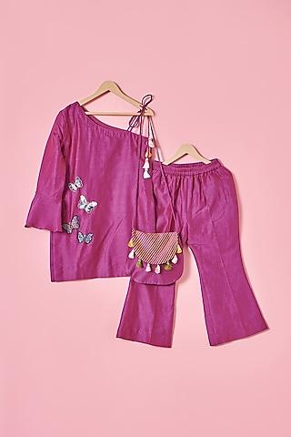 magenta pink chanderi silk butterfly hand embroidered kurta set for girls