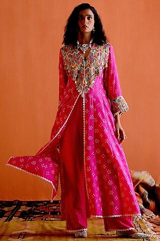 magenta pink habutai silk embroidered bandhani kurta set