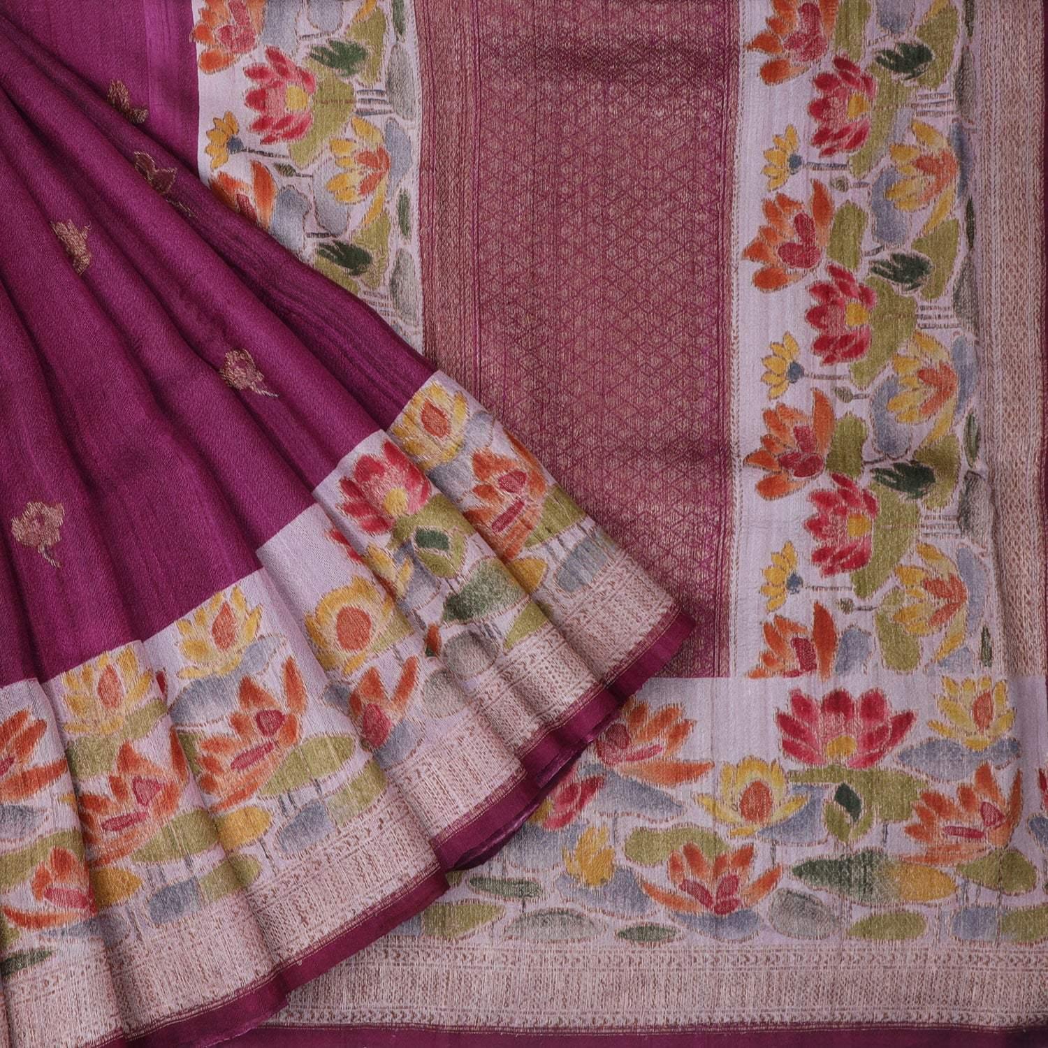 magenta pink tussar banarasi silk handloom saree with floral motifs