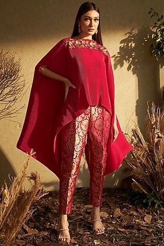 magenta pleated silk lace embroidered cape set