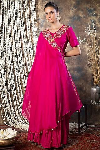 magenta silk embroidered gown with overlay