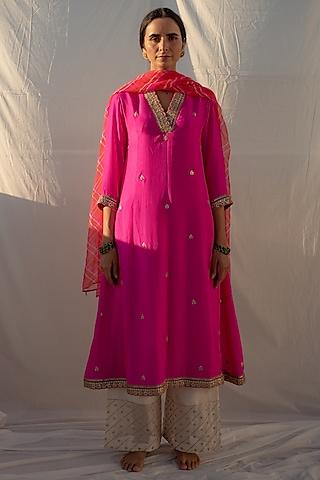 magenta silk marori embroidered kurta set
