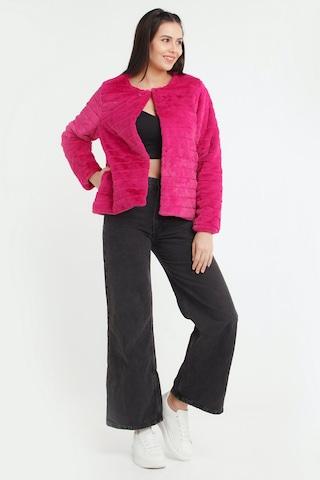 magenta solid casual full sleeves round neck women regular fit jacket