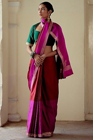 magenta & red satin silk woven saree set
