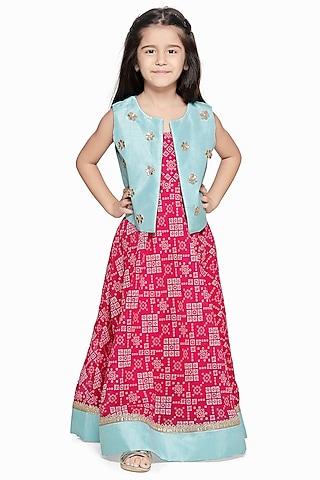 magenta & sky blue maxi dress with jacket for girls