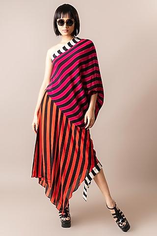 magenta & tangerine crepe stripe digital printed one-shoulder sack dress