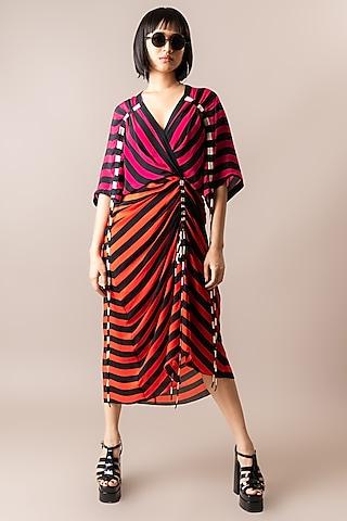 magenta & tangerine crepe stripe printed gathered midi dress