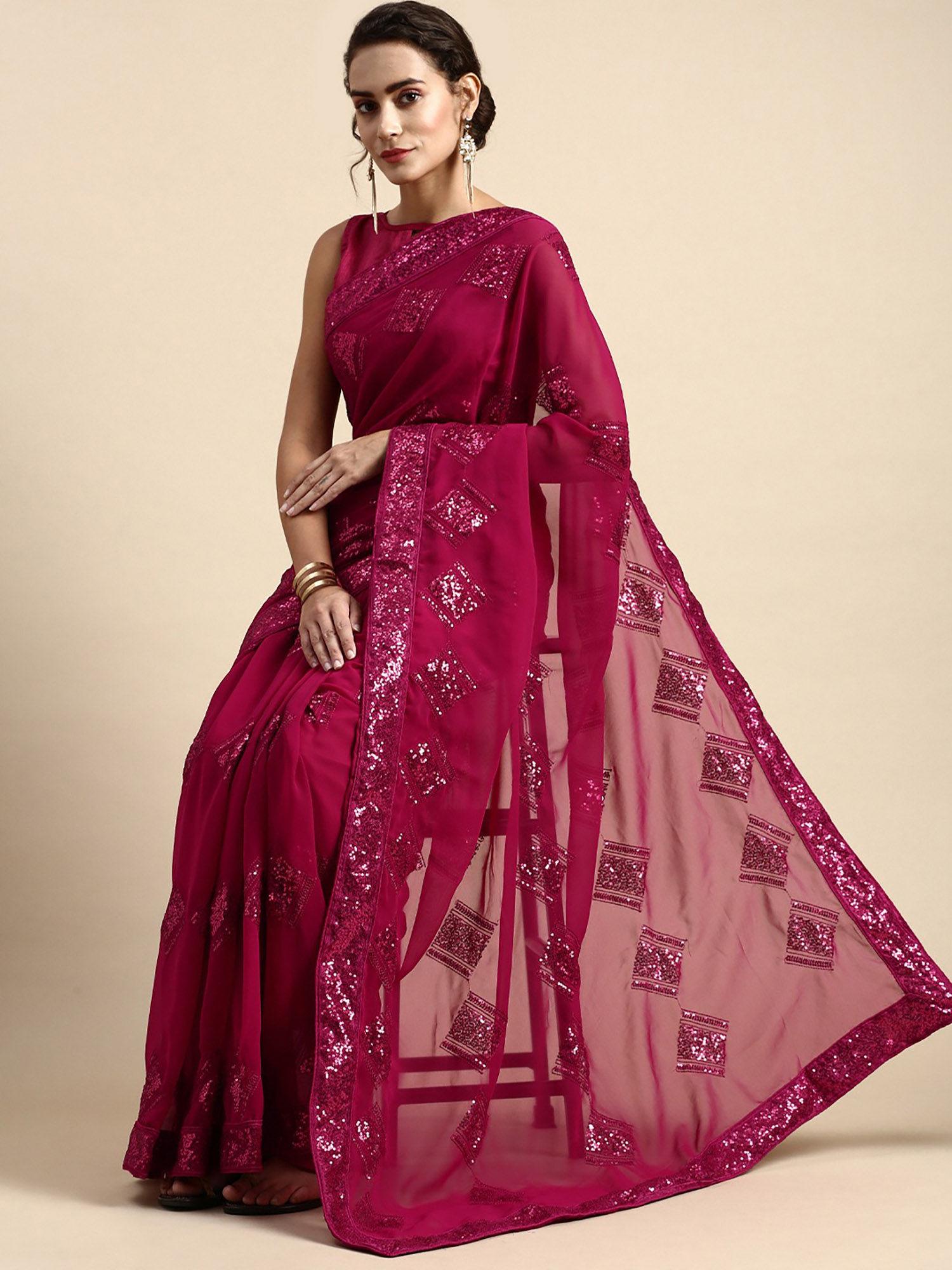 magenta all over trapezoid sequins work georgette saree with unstitched blouse