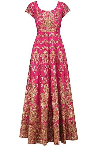 magenta and beige embroidered anarkali set