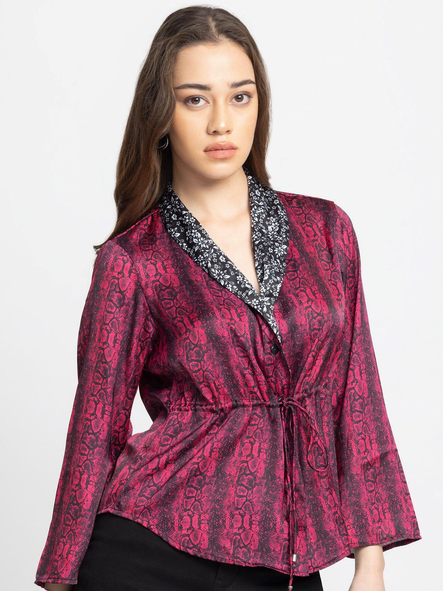 magenta and black floral printed three-quarter sleeves casual shirt for women