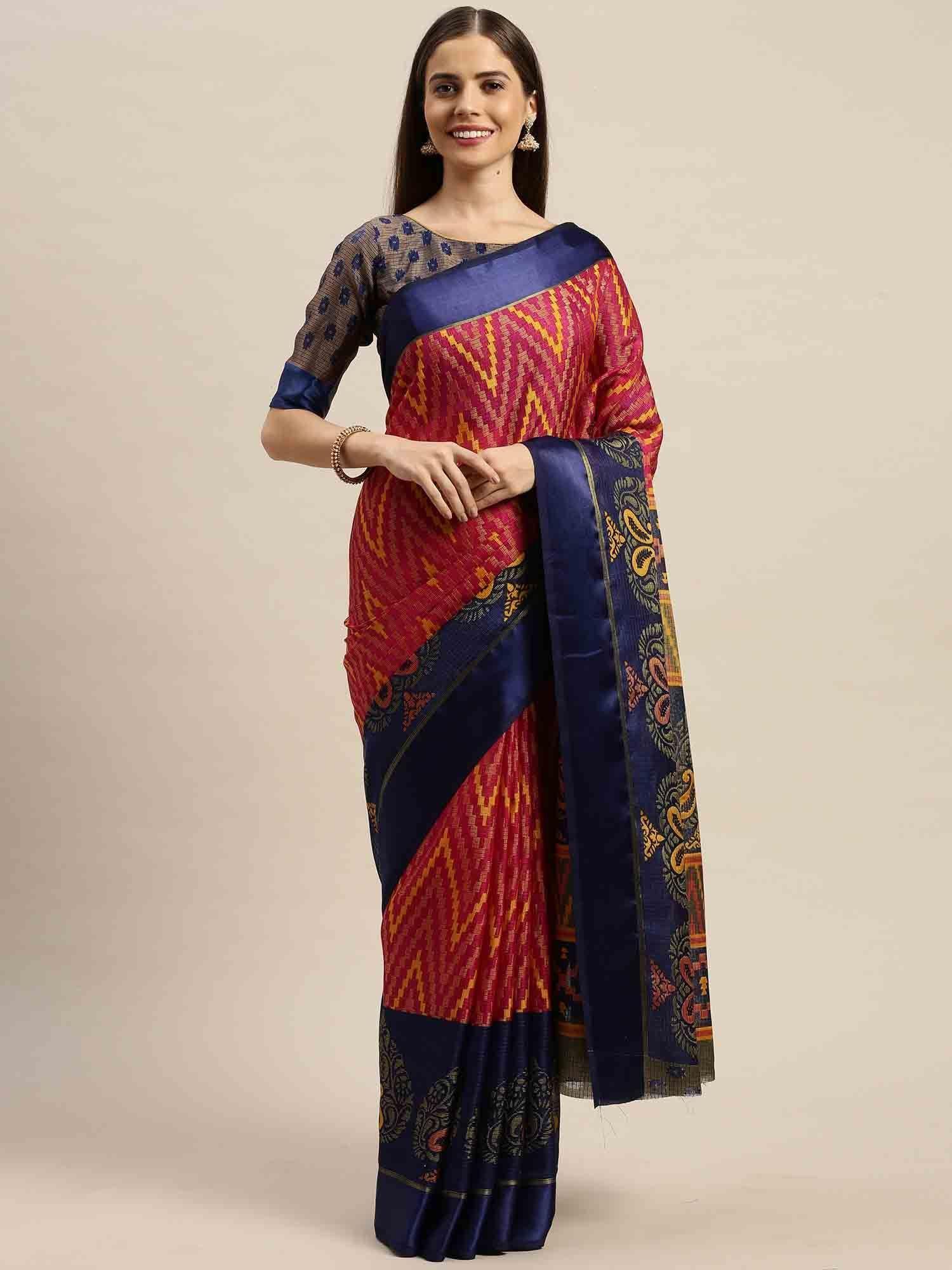 magenta and royal blue kota silk jamdani printed traditional saree with unstitched blouse