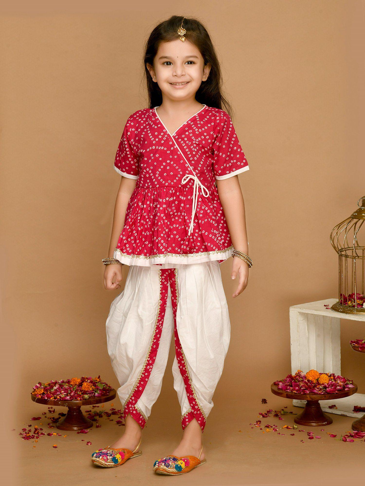 magenta and white bandhani cotton printed dhoti peplum for girls
