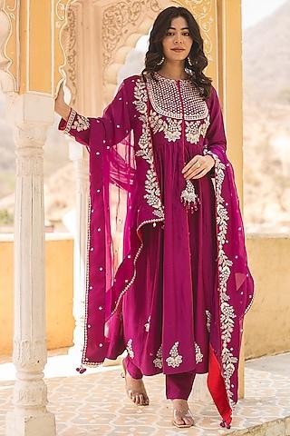 magenta banarasi chanderi zardosi work anarkali set