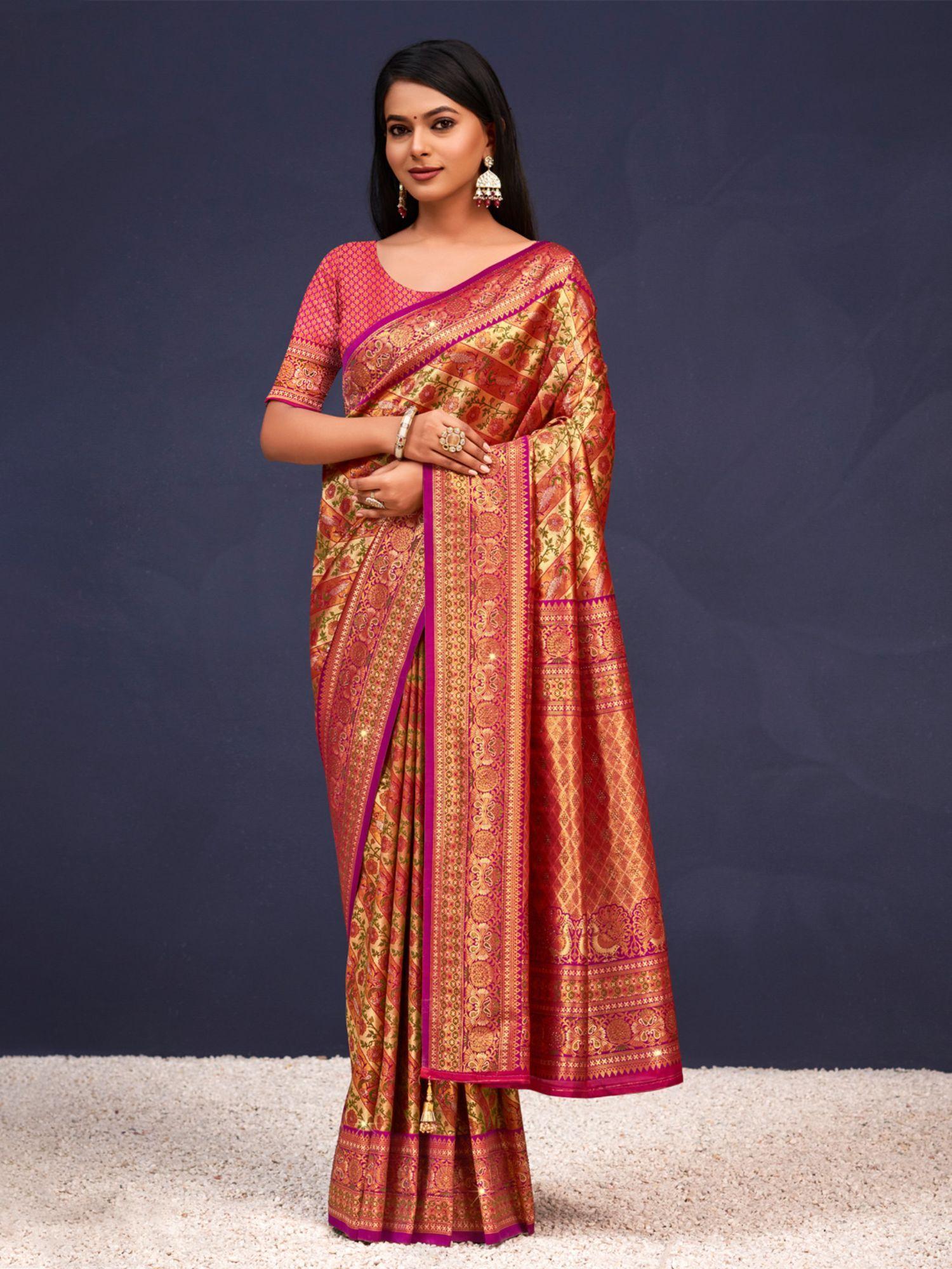 magenta banarasi silk woven work traditional tassels saree with unstitched blouse