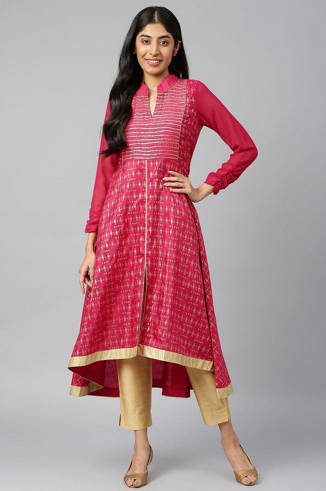 magenta band collar printed flared kurta