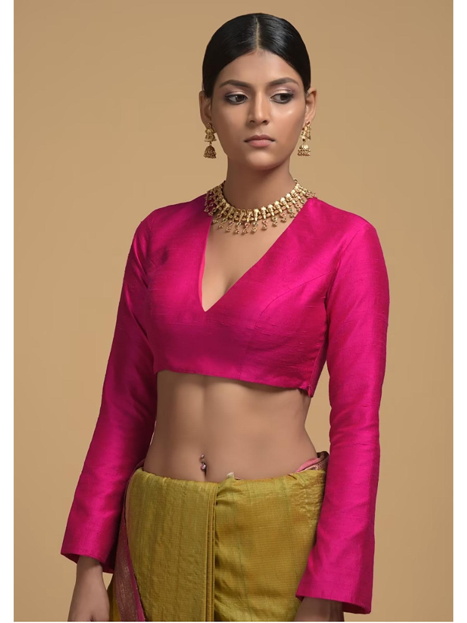 magenta blouse in raw silk with v neckline & full sleeves