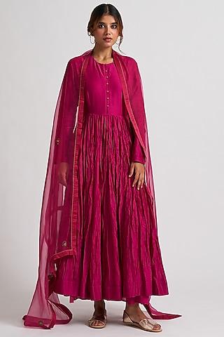 magenta chanderi anarkali set