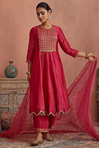 magenta chanderi hand embroidered anarkali set