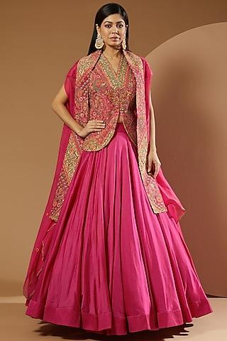 magenta chanderi jacket lehenga set