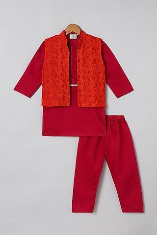 magenta chanderi kurta set with embroidered waistcoat for boys