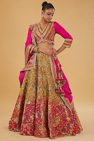 magenta chanderi silk hand & machine embroidered lehenga set