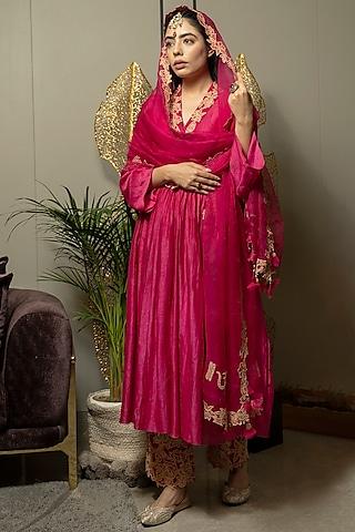 magenta chanderi silk printed & dori embroidered kurta set