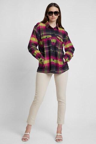 magenta check casual full sleeves regular collar women oversized fit shirt