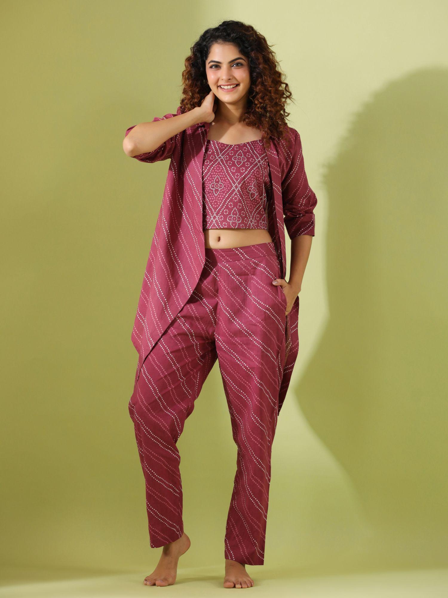 magenta color printed women pure cotton top & pyjama with jacket (set of 3)