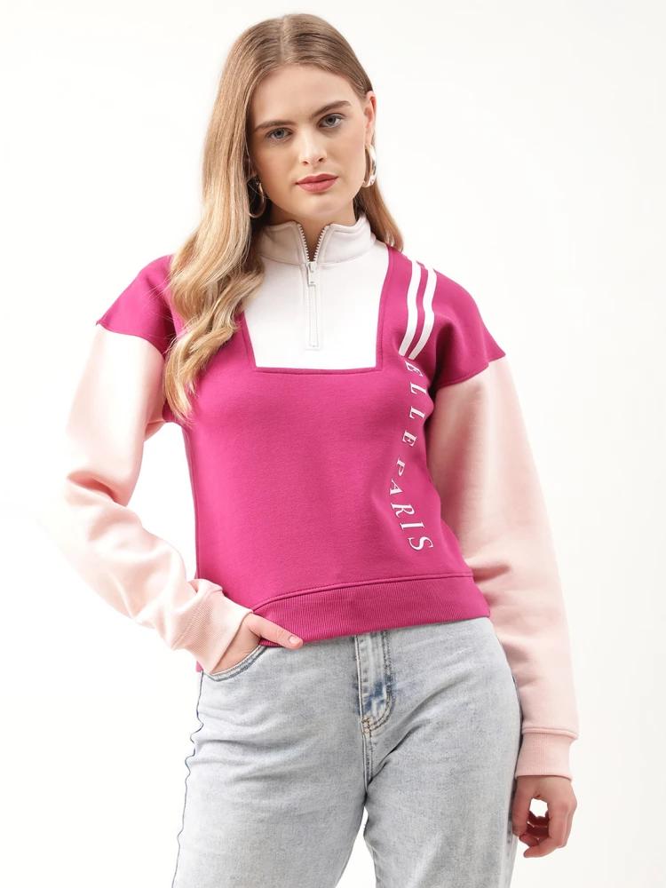 magenta colour blocked high neck sweatshirt