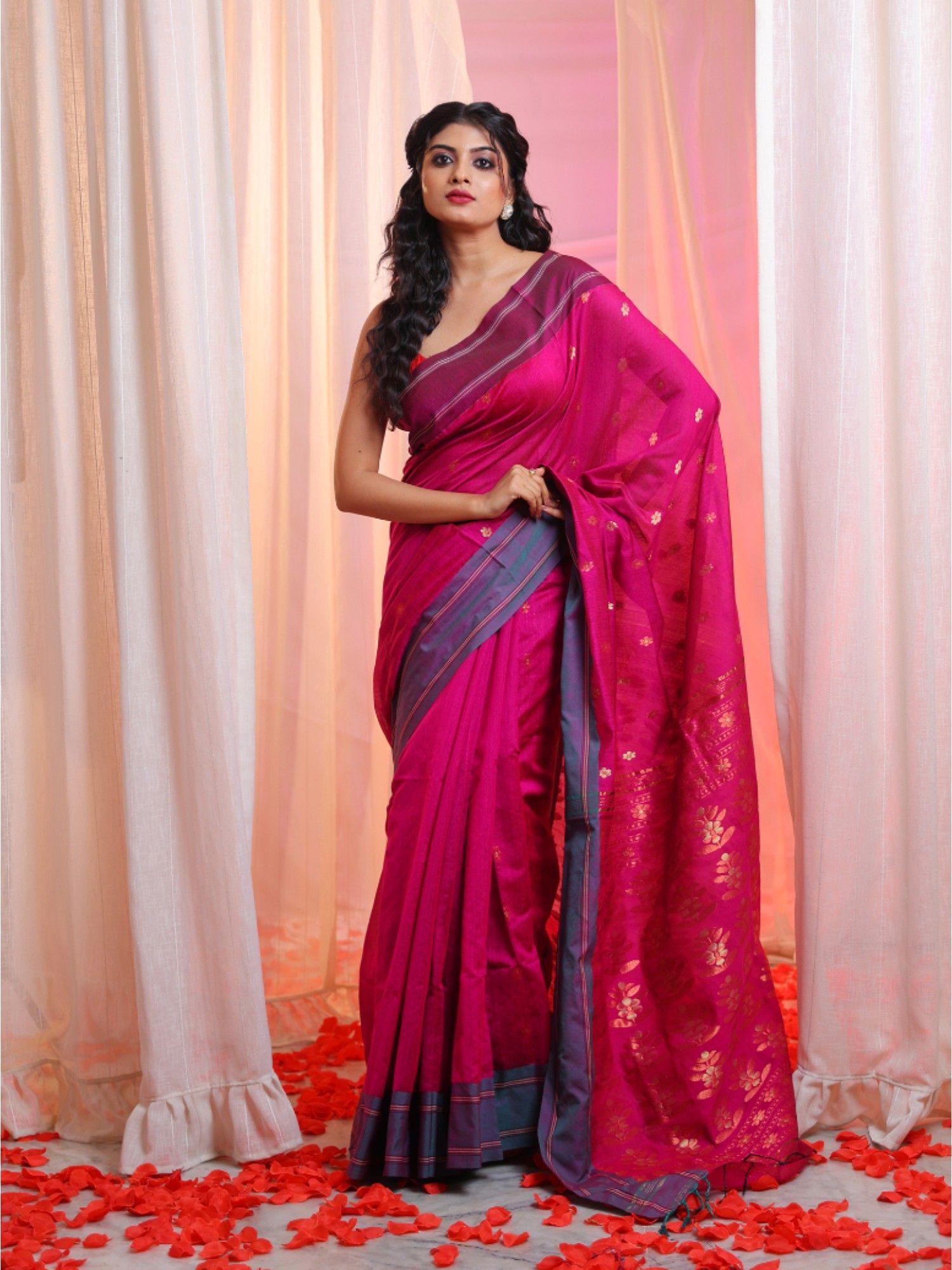 magenta cotton blend handwoven floral designs saree with unstitched blouse