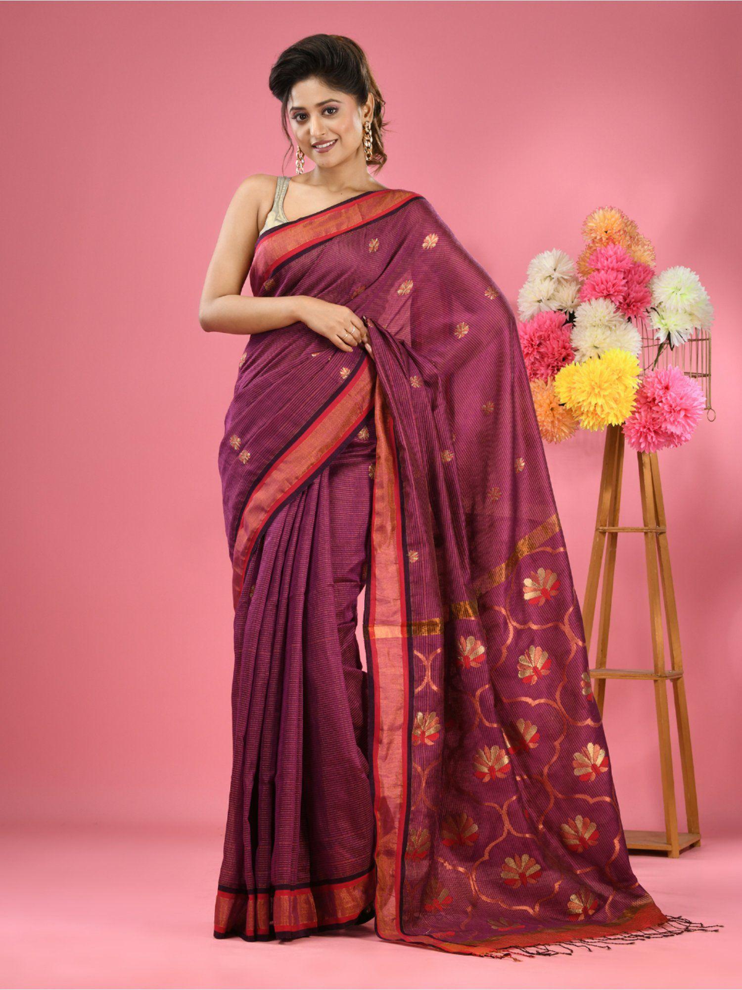 magenta cotton blend handwoven floral motif saree with unstitched blouse