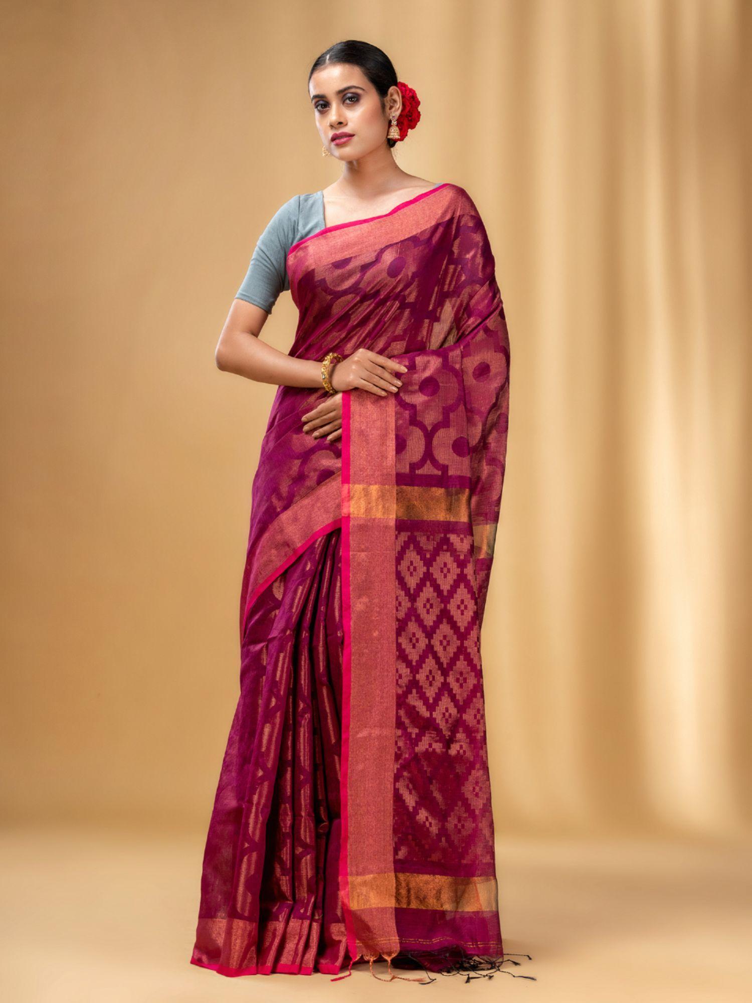 magenta cotton blend handwoven saree with texture pattern with unstitched blouse