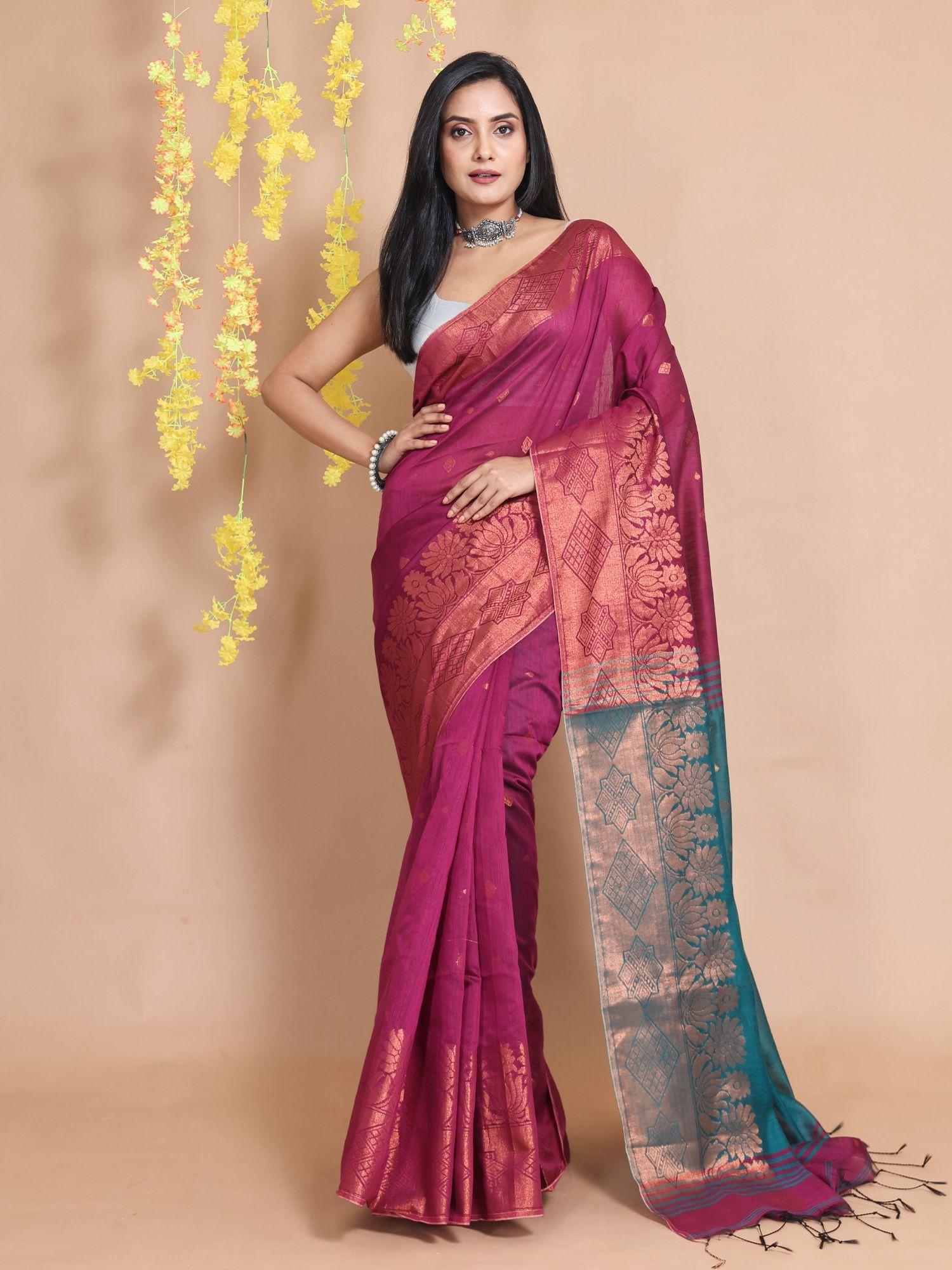 magenta cotton blend handwoven zari motifs & floral borders saree with unstitched blouse