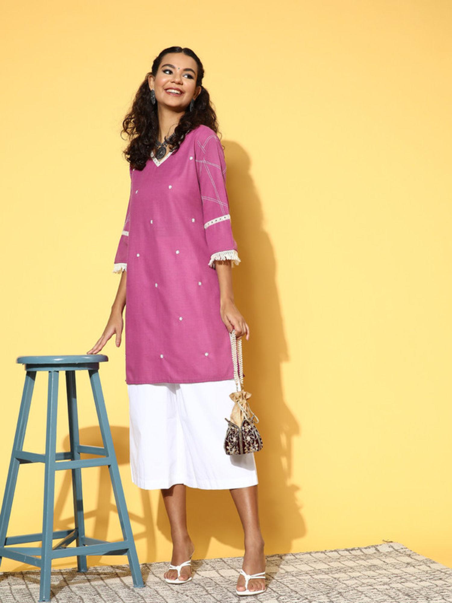 magenta cotton blend mirror work straight short kurti