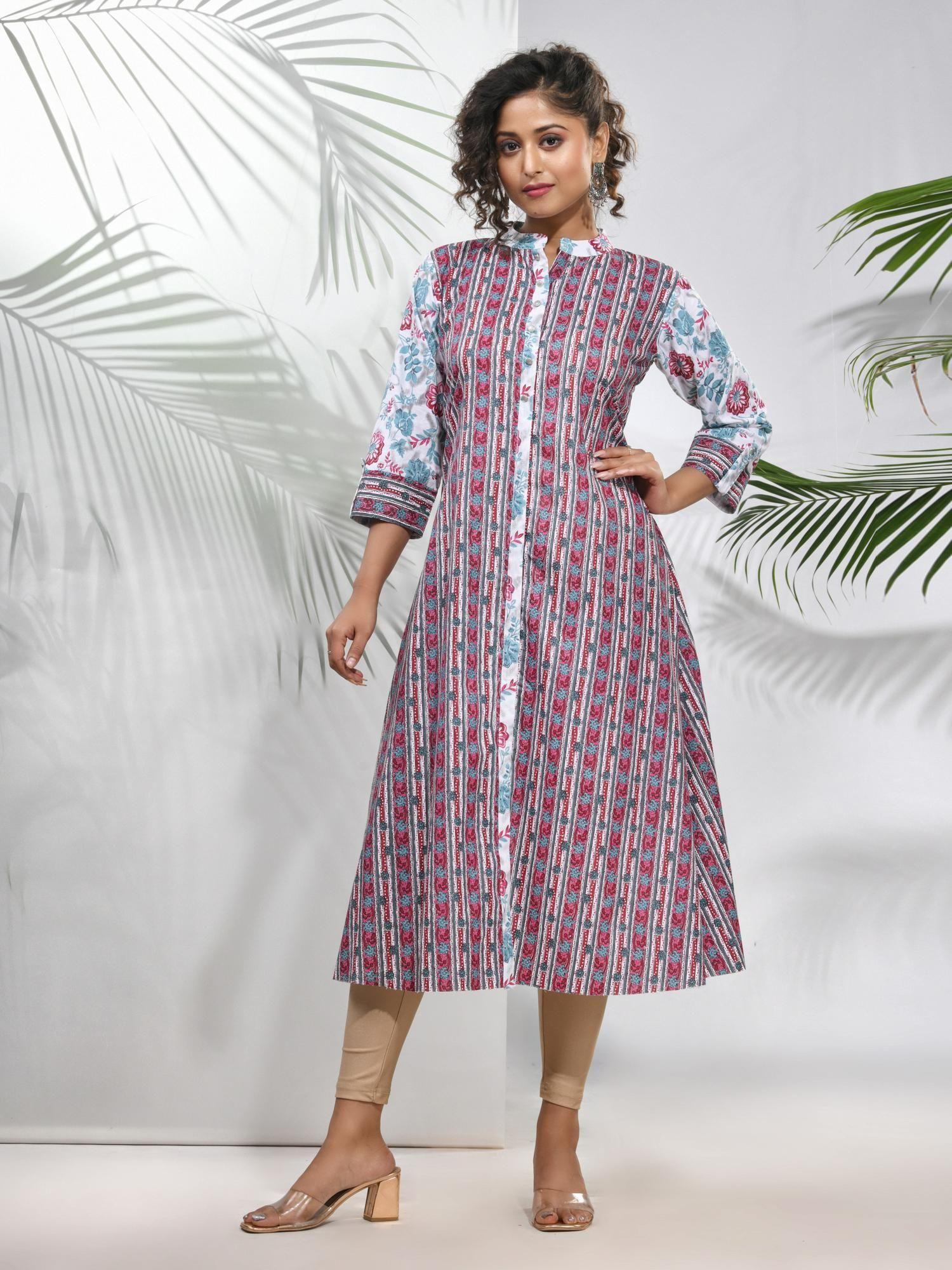 magenta cotton floral a-line kurta