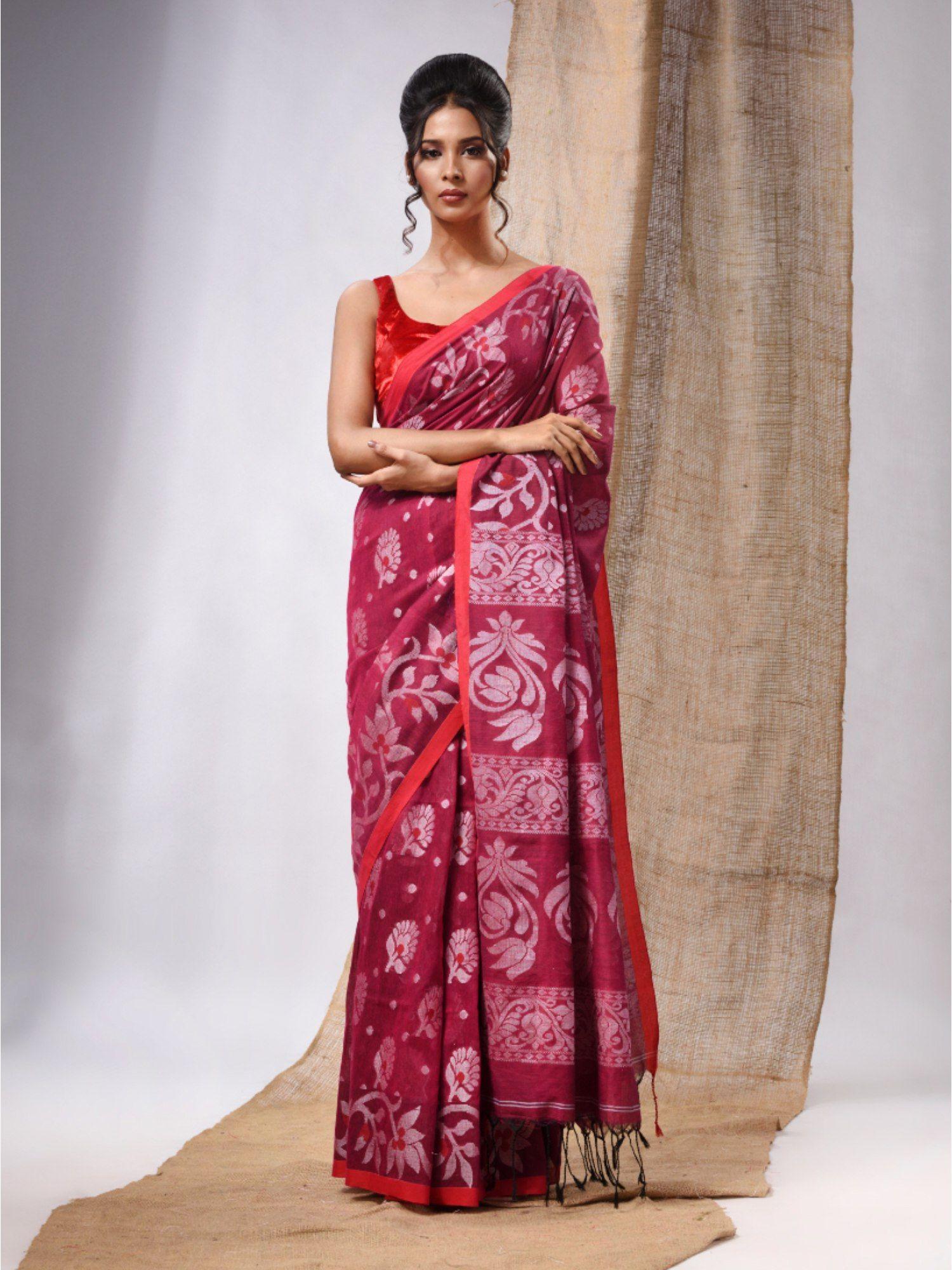 magenta cotton handwoven saree with floral design & unstitched blouse