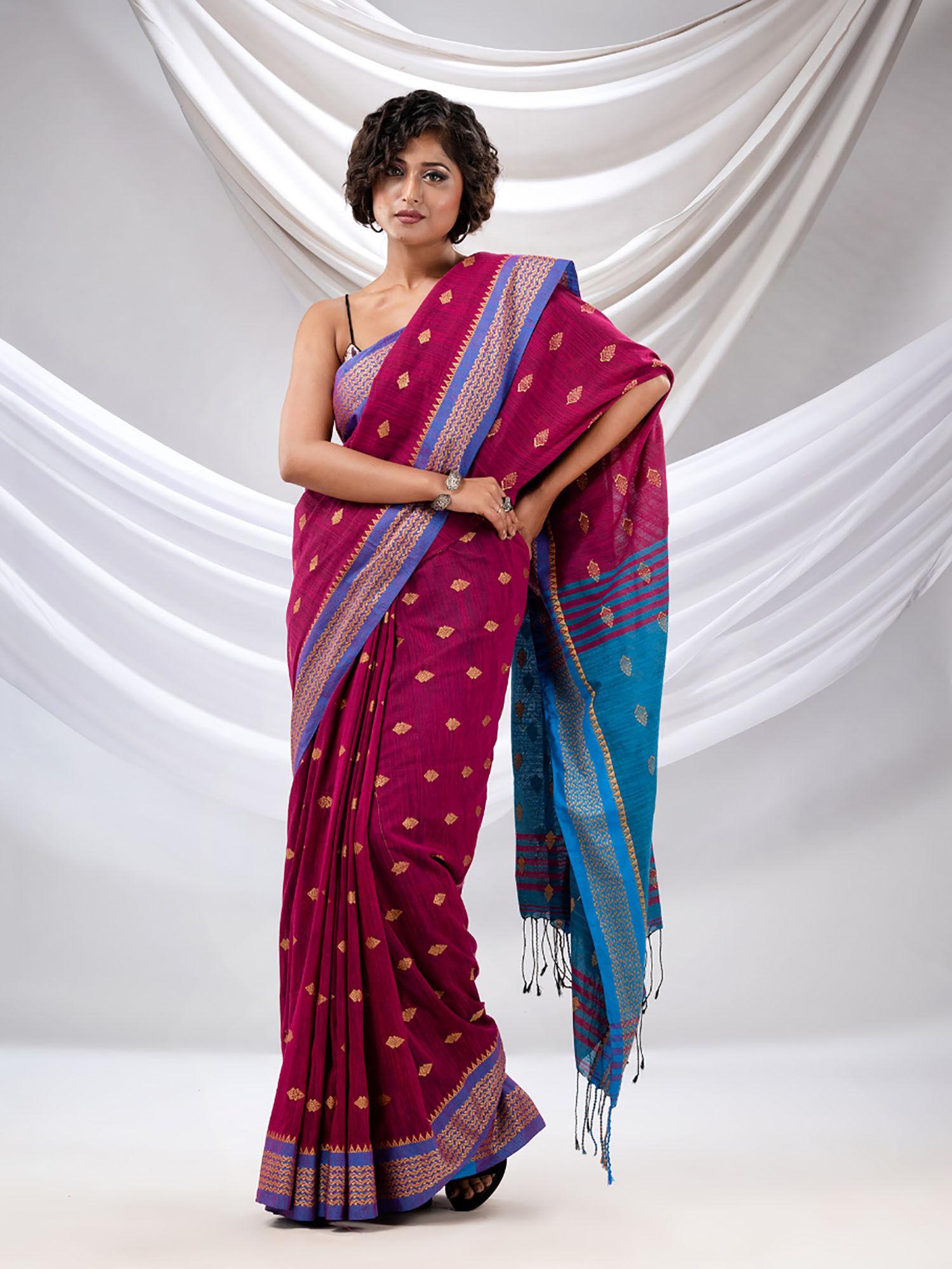 magenta cotton handwoven soft saree with texture design with unstitched blouse