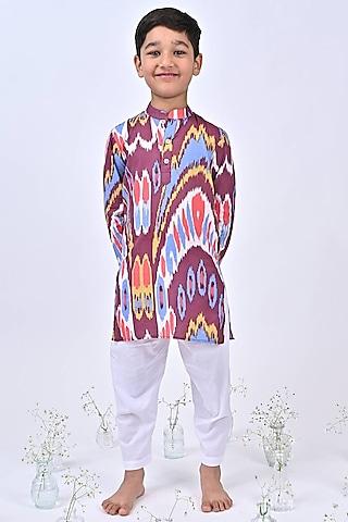 magenta cotton ikat printed kurta set for boys