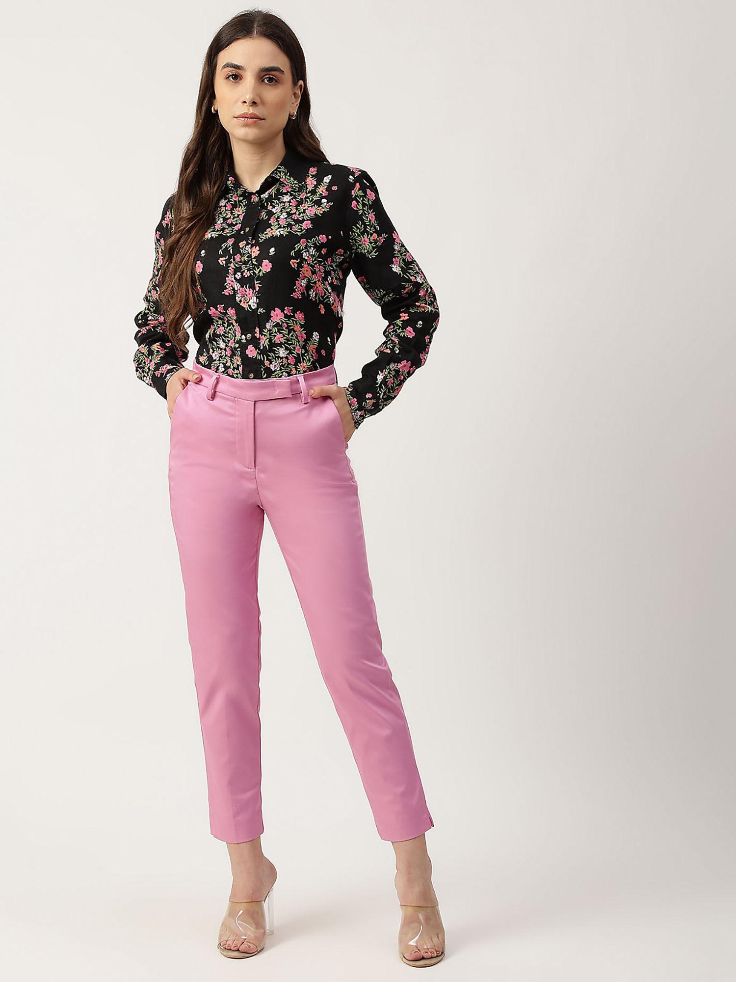 magenta cotton mix slim fit cropped trouser