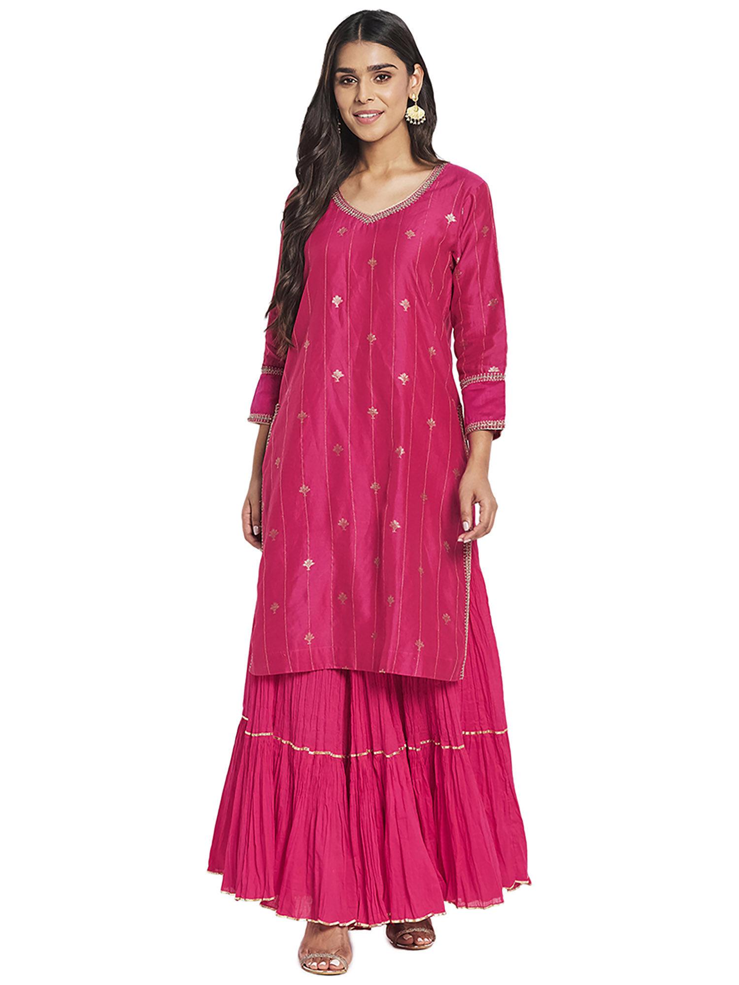 magenta cotton silk blend embroidered knee length kurta (set of 2)