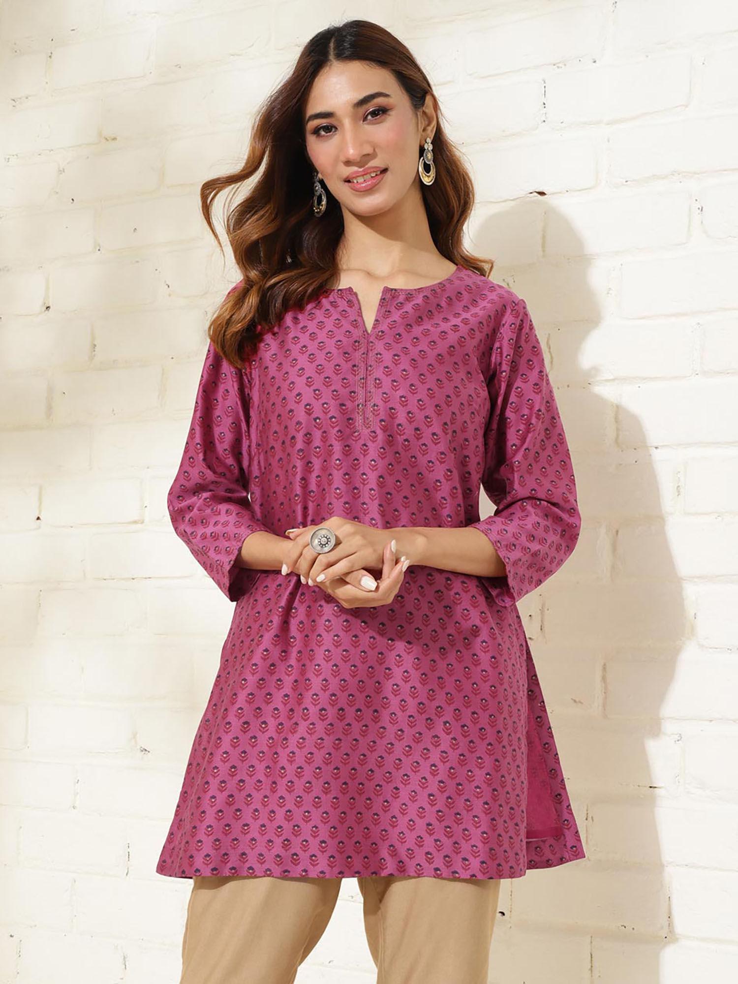 magenta cotton silk hand block printed slim fit kurti