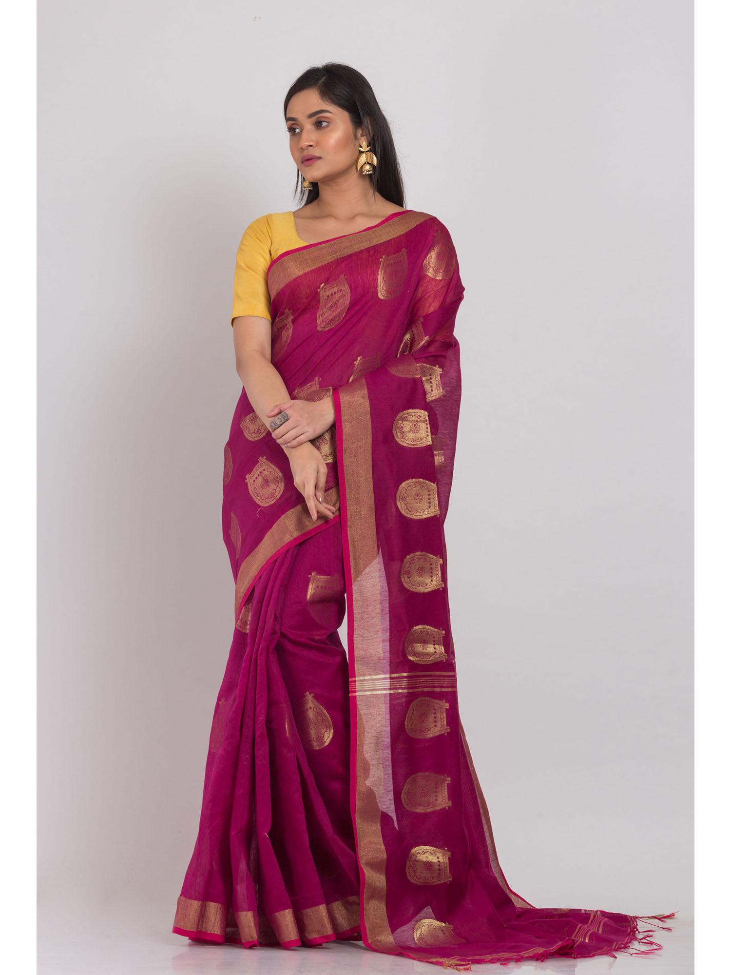 magenta cotton silk handloom saree with unstitched blouse